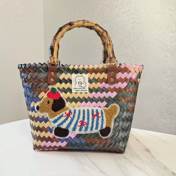 Nwt Woven Dog Bag With Bamboo Handles - Picture 1 of 3